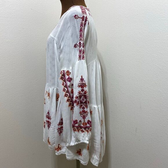 Free People Womens Tunic Size M White V-Neck Button Up Long Sleeve Embroidered - Picture 7 of 10